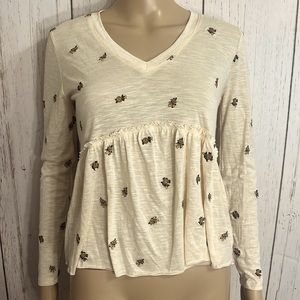 Mi Ami Long Sleeve Peplum V Neck Hi Low Cream Bumblebee Top Size XXS